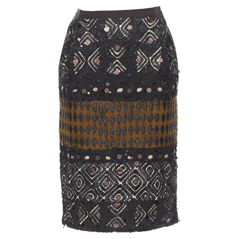 OSCAR DE LA RENTA 2008 brown raffia sequins embellished jacquard skirt US0 24" For Sale