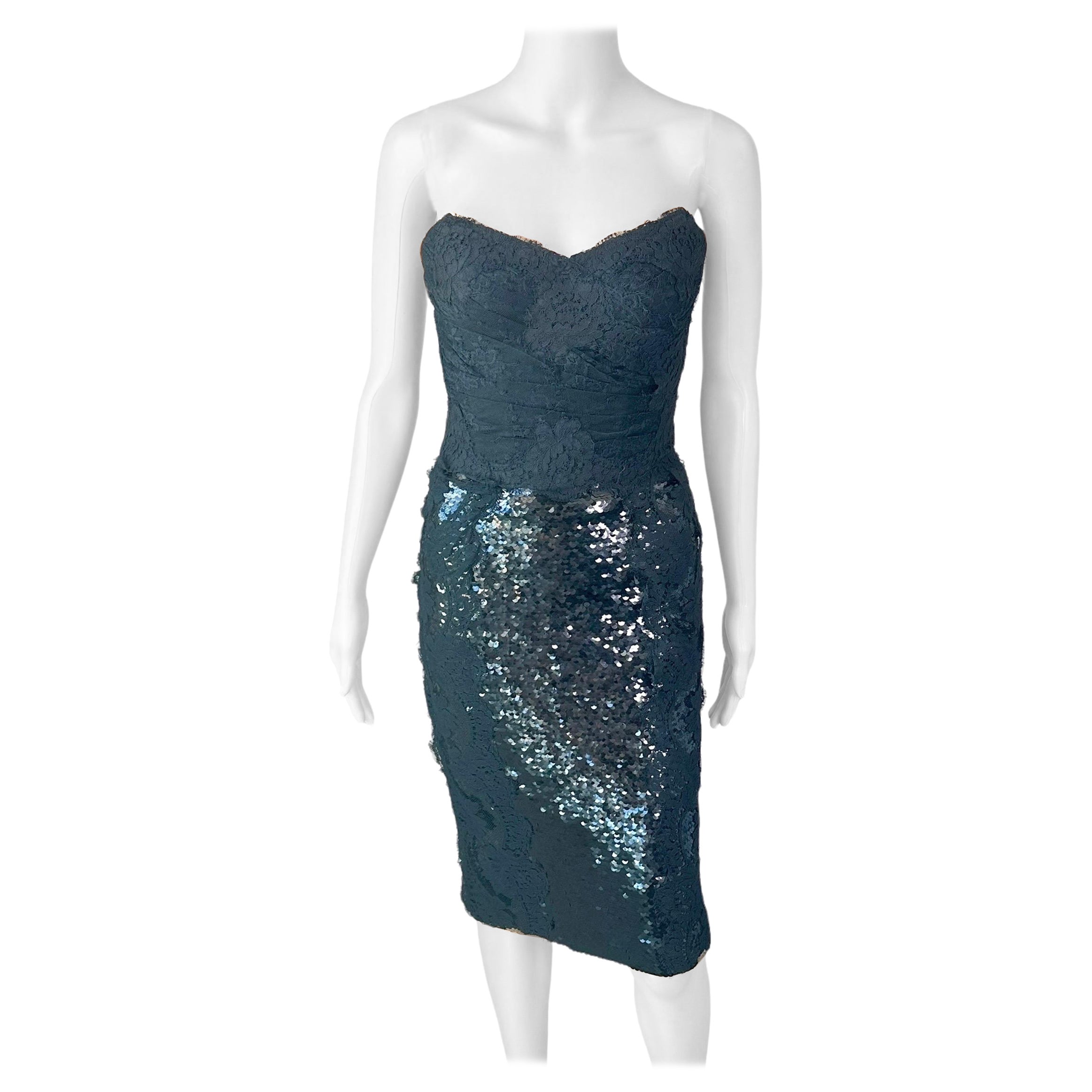 Dolce & Gabbana S/S 2013 Ungetragenes Bustier Korsett Spitze Pailletten Schwarz Midikleid