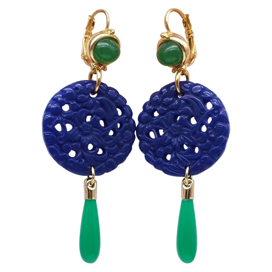 Kenneth Jay Lane Lapis Jade Drop Wire Earrings in Gold, Blue & Green, Couture For Sale