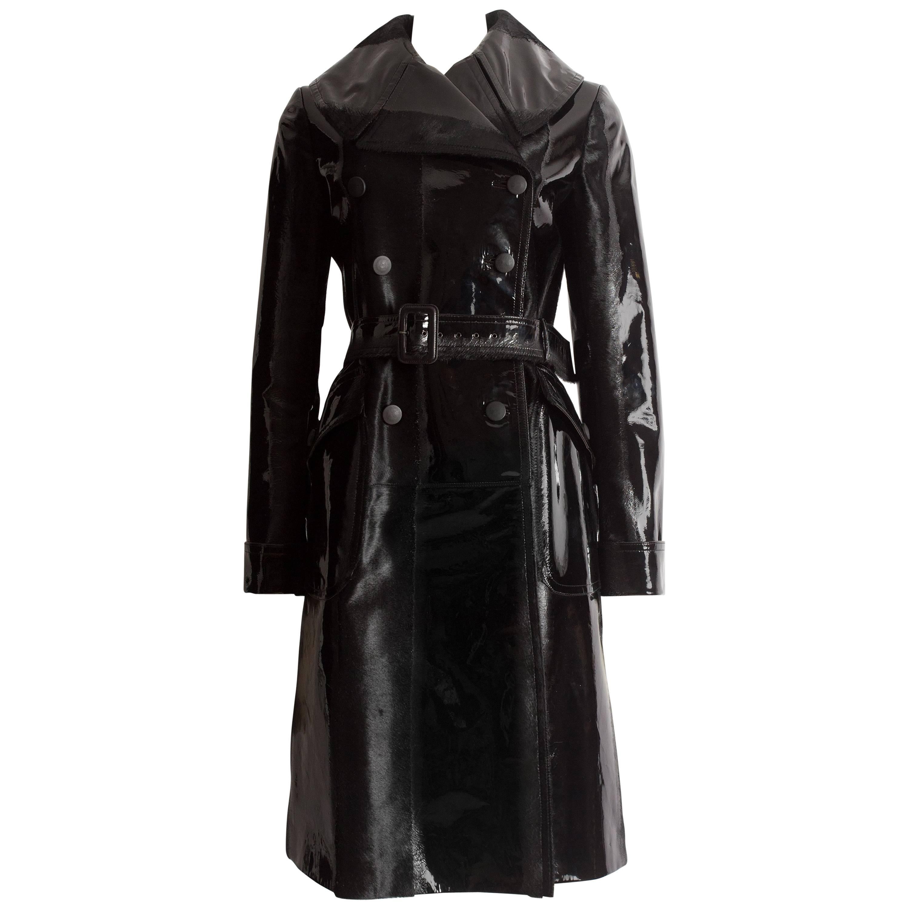 Azzedine Alaia black varnished pony hair trench coat, fw 2014 For Sale