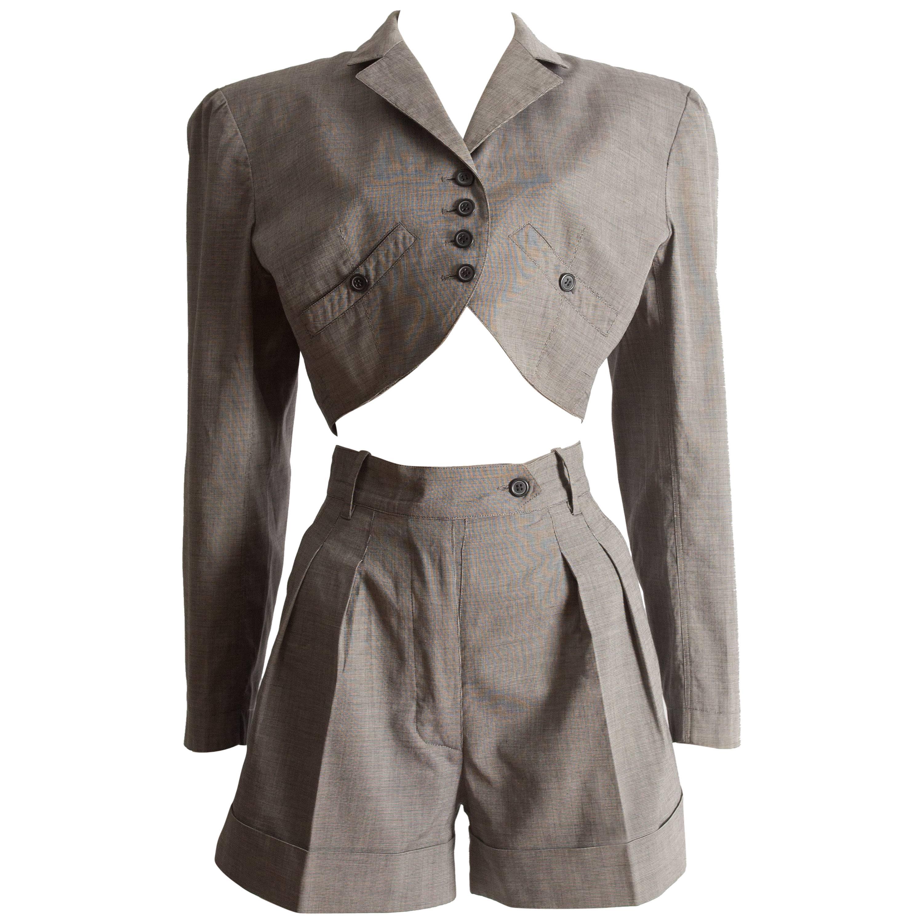 Azzedine Alaia grey cotton cropped blazer and mini shorts set, ss 1988
