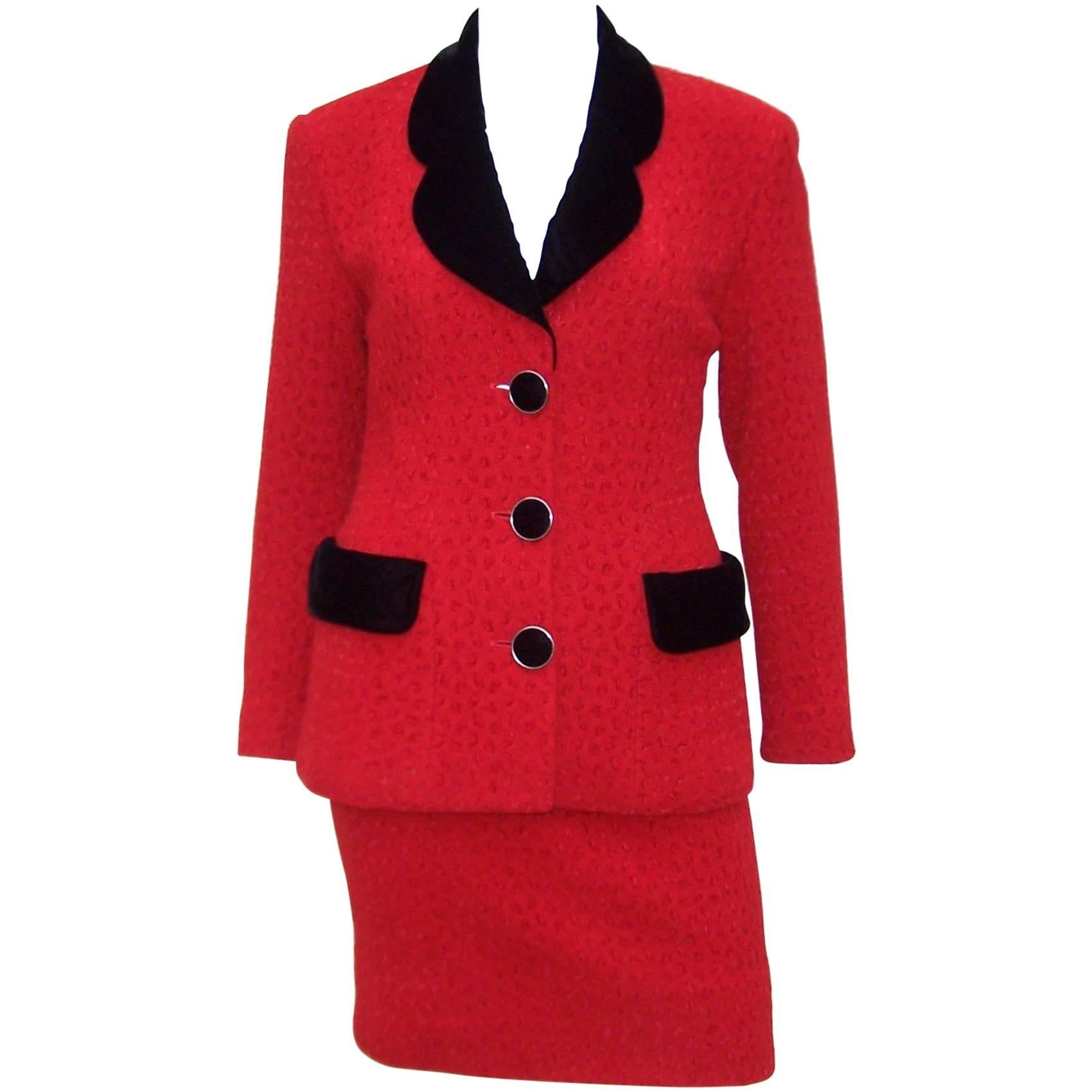 Classy C.1990 Karl Lagerfeld Red Wool Suit With Black Velvet Accents