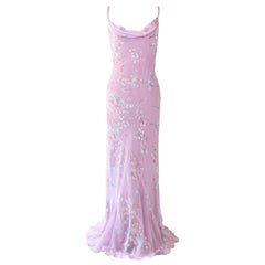Vintage lilac pink beaded silk sheer floral layered wedding slip dress gown M L