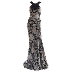 John Galliano F/W 08 black terracotta floral velvet backless draped dress gown