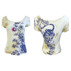 Roberto Cavalli Spring 2003 Dragon Flower Tattoo Print Vintage Y2K Tee Shirt