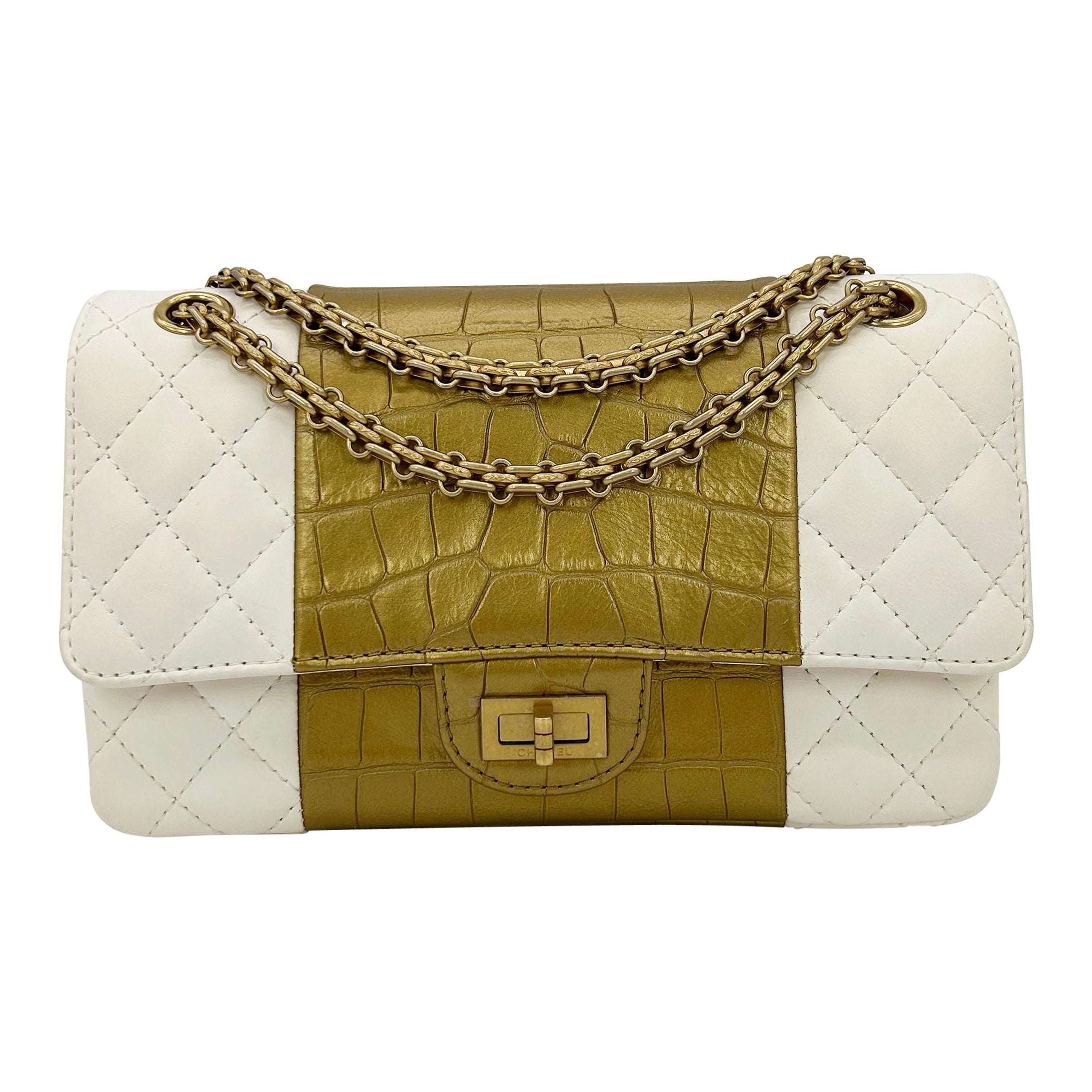 NEW Chanel Cream Leather Gold Alligator Double Flap Classic 2.55 Reissue NWT For Sale