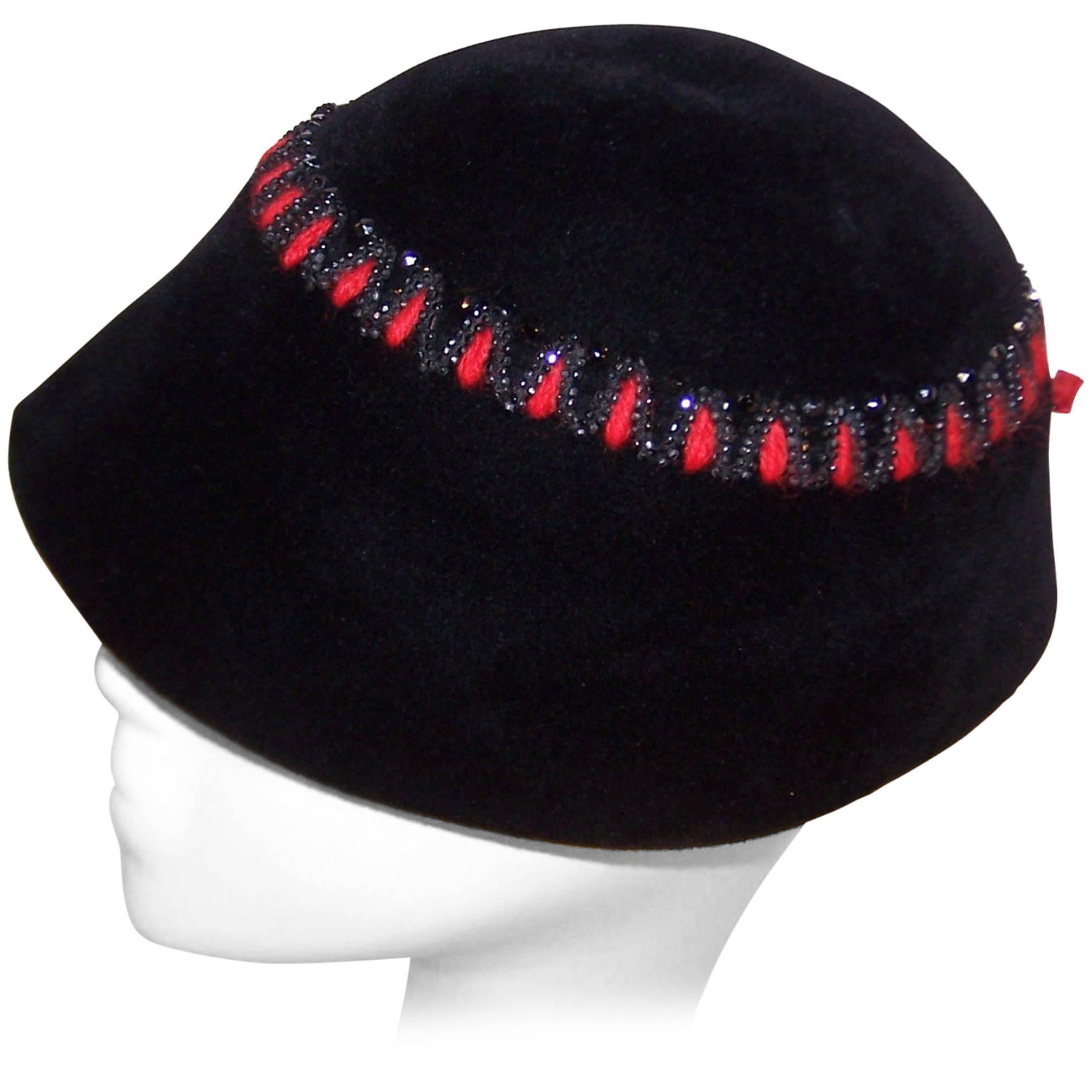 French C.1950 Black Wool Bucket Hat With Beading & Red Embroidery