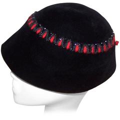 Vintage French C.1950 Black Wool Bucket Hat With Beading & Red Embroidery