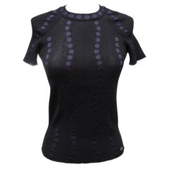 CHANEL Navy Black Sweater Top Knit Blue Polka Dot Short Sleeve 16P 2016 Sz 34