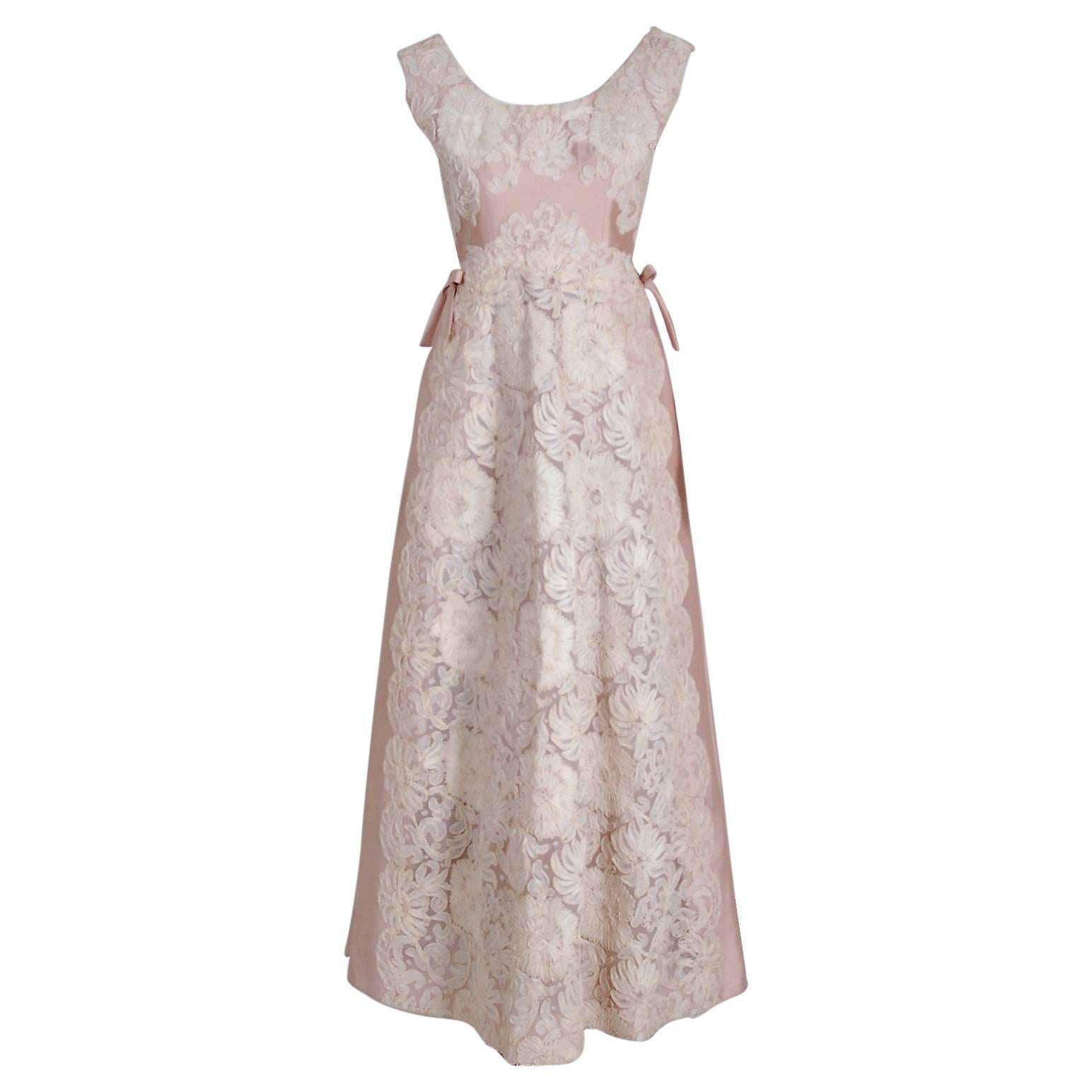 1966 Pierre Balmain Haute-Couture Blush Pink Embroidered Floral Silk Lace Gown