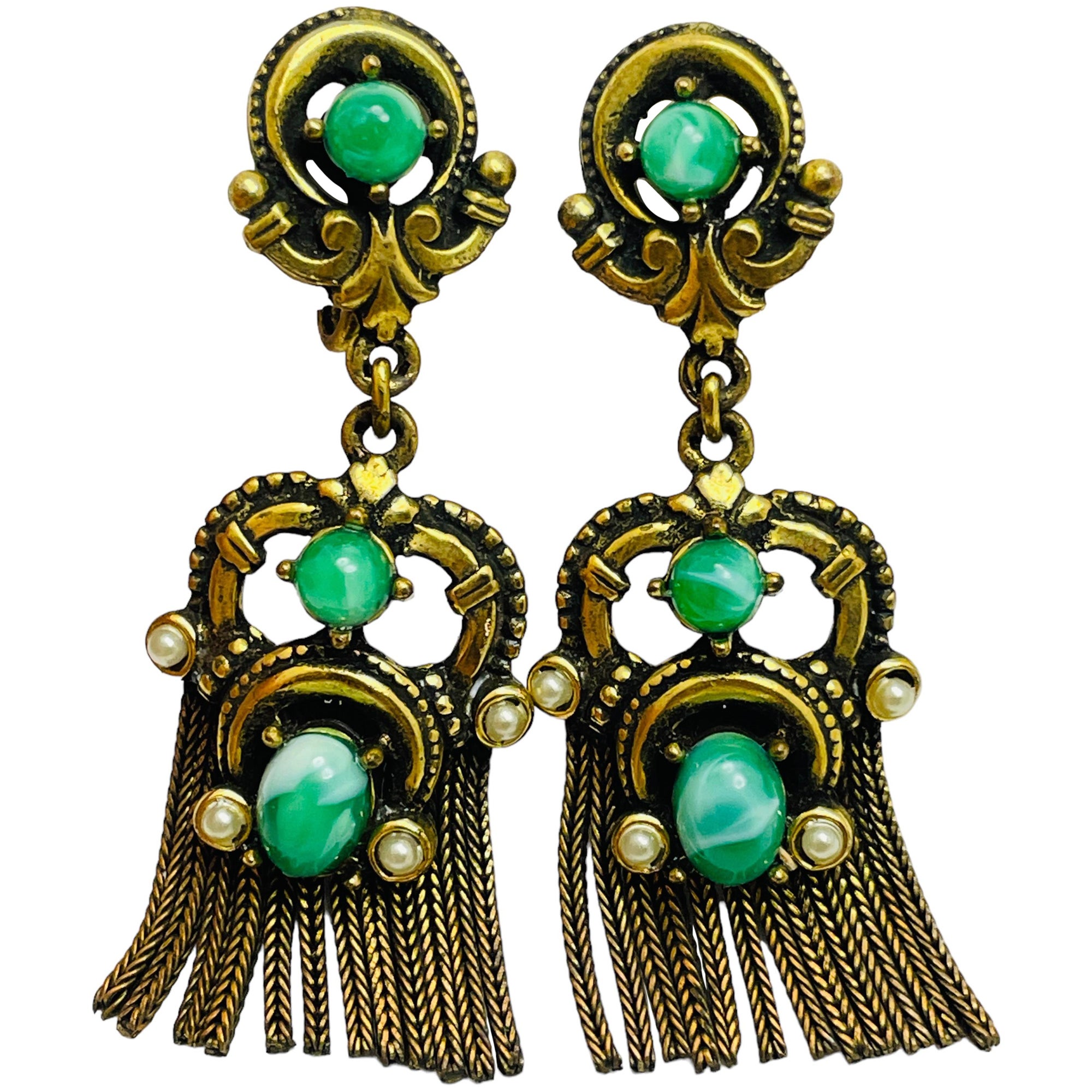 Vintage gold tone faux jade dangle drop designer earrings For Sale