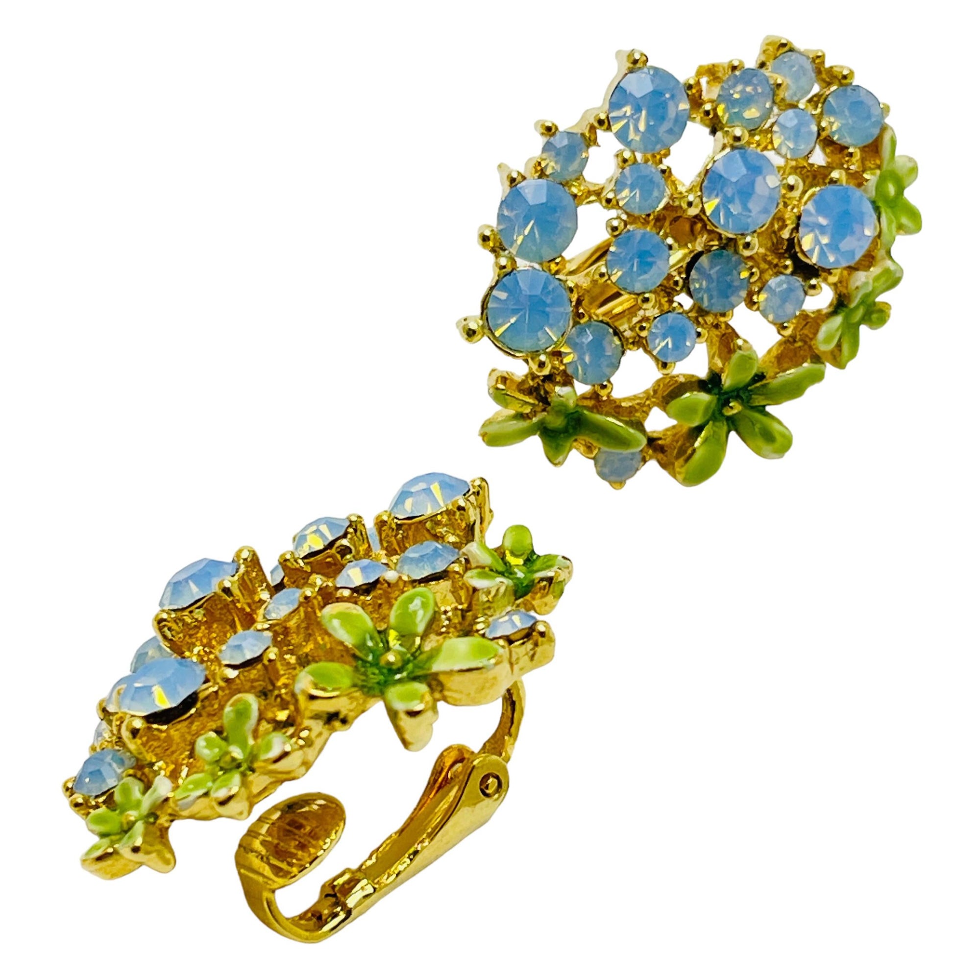 Vintage gold tone rhinestone enamel designer clip on earrings For Sale