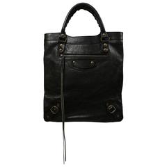 rare 2001 Balenciaga 'le dix' Black Caribou leather bag with flat Brass hardware
