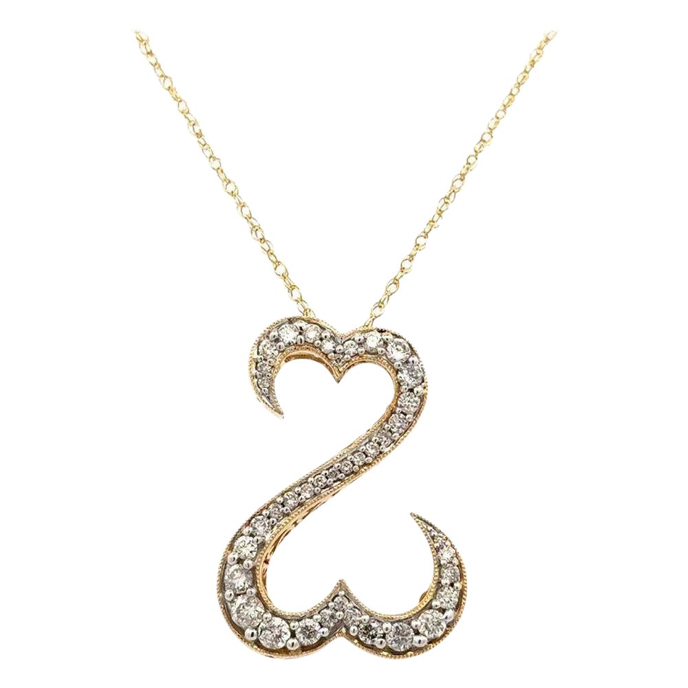 Vintage Brilliant Cut Diamond Open Double Heart Gold Pendant Necklace For Sale