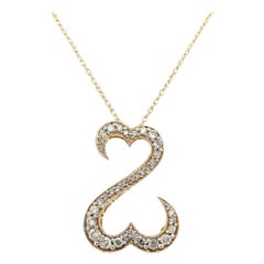 Vintage Brilliant Cut Diamond Open Double Heart Gold Pendant Necklace