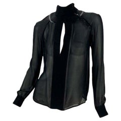 F/W 2002 Vintage Gianni Versace Couture Chemise en soie noire avec détails en cuir 38