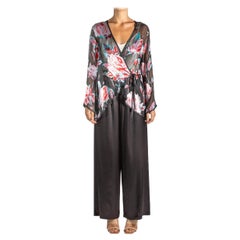1990S Black Chinese Rayon & Silk Burnout Chiffon Two Piece Pajamas