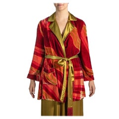 1990S Red & Green Plaid Rayon Silk Burnout Velvet Robe
