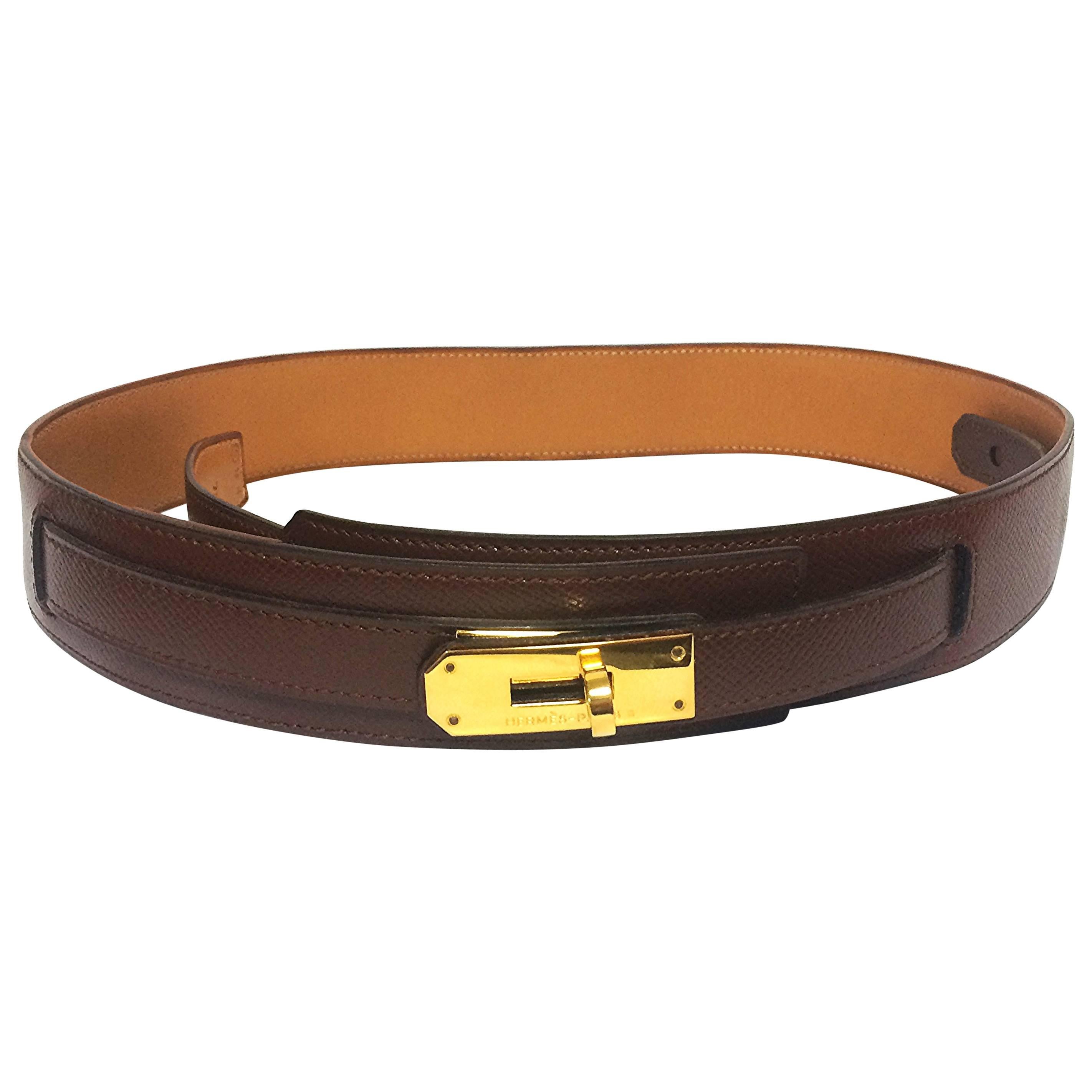 MINT. Vintage HERMES brown courchevel leather Kelly belt. Stamp S in O, 1989. 