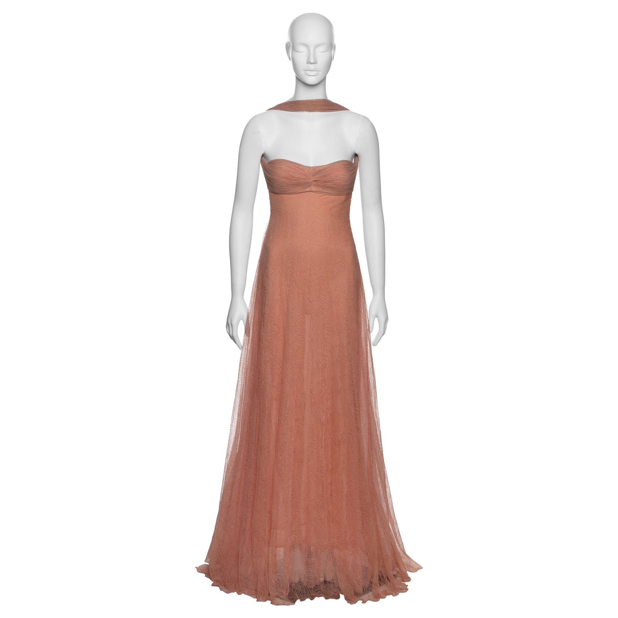 Gianni Versace by Donatella Versace Pink Peach Lace Evening Maxi Dress, FW 2000