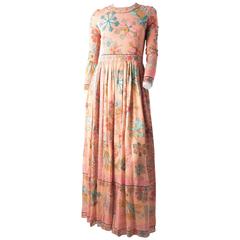60s Saks Fifth Ave Silk Jersey Chiffon Printed Maxi Dress