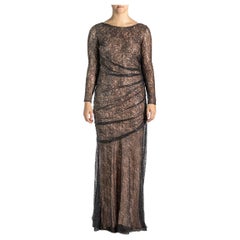 2000S Black & Nude Lace Sequined Gown Long Sleeve