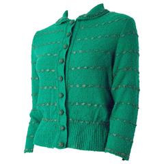 50s Green Knit Sweater Top With Ribbon Weave 6