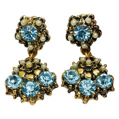 Vintage gold tone rhinestones pearls dangle designer screw back earrings