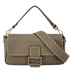 Fendi Baguette Selleria Calfskin Leather Crossbody Bag Medium Grey Beige