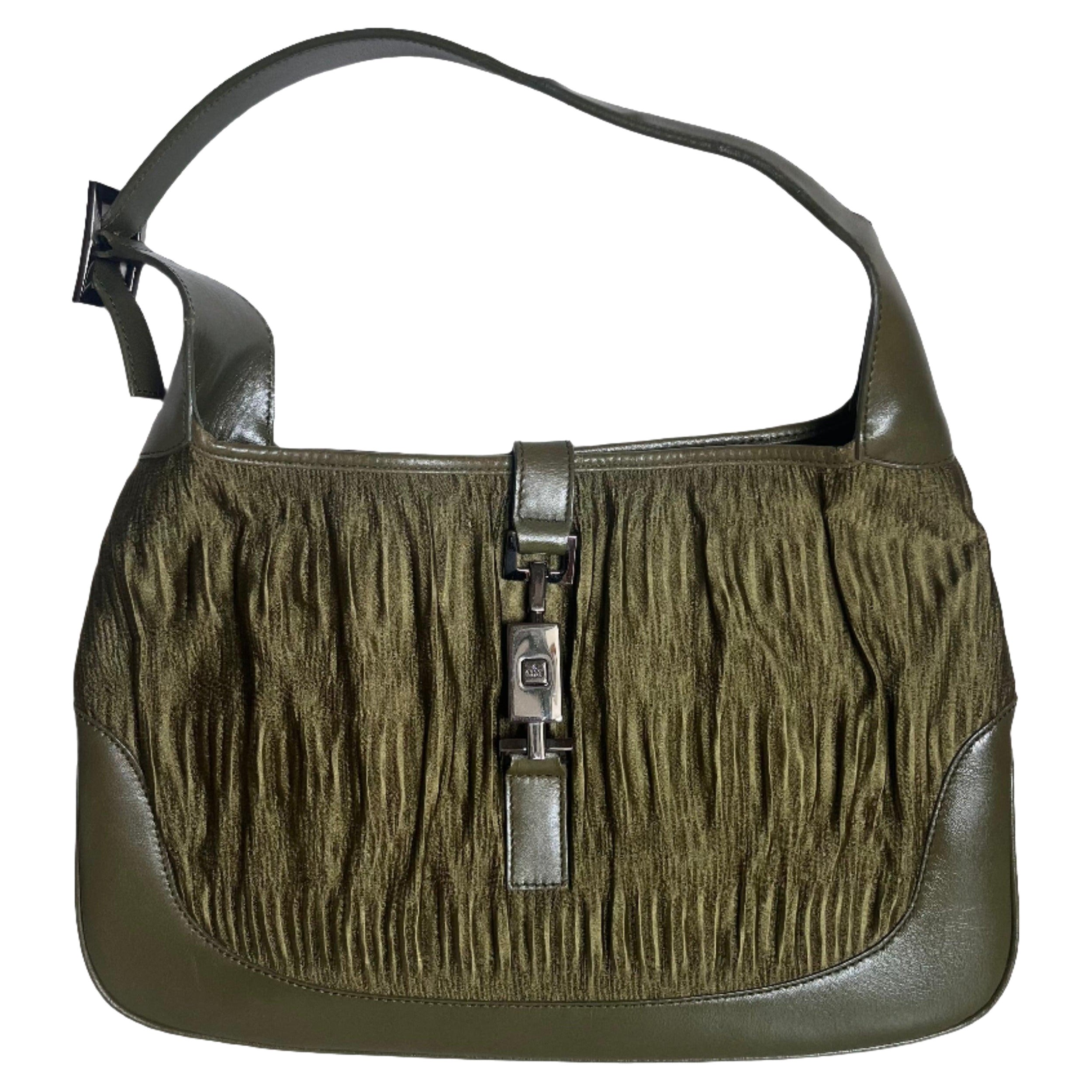 Gucci Jackie Vintage Mediana Piel y Tejido Verde Oscuro en venta