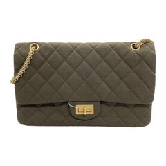 Chanel 2.55 Double Flap Bag 2009 Jumbo Khaki Green Cloth with Gold Hardware