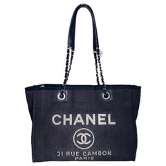 Chanel Deauville Tote 2016 Medium Navy Denim Top Handle Shoulder Bag