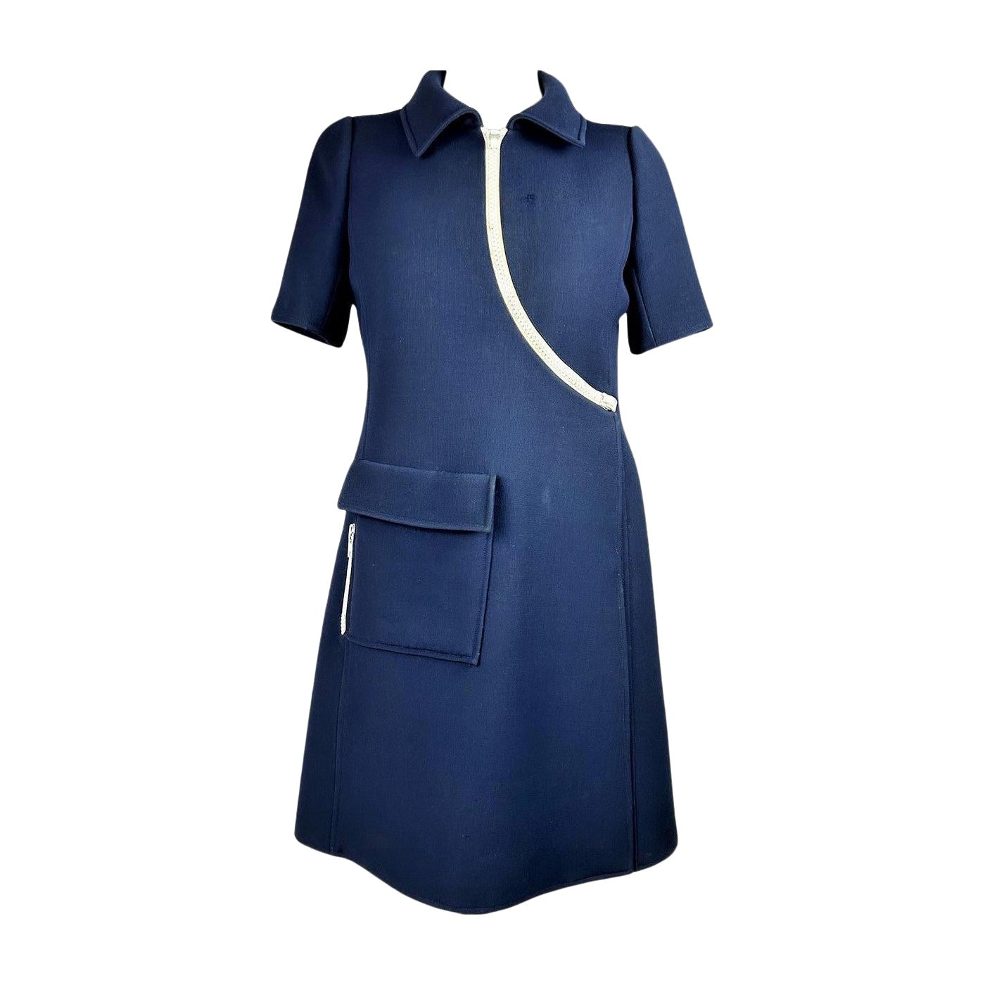 André Courrèges Haute Couture Kleid aus marineblauem Jersey mit weißen Reißverschlüssen CIRCA 1970 im Angebot