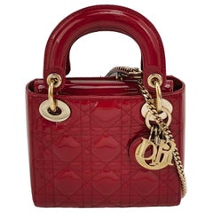 Lady Dior Mini Handbag Red Patent Leather Gold-tone Leather and Chain Strap