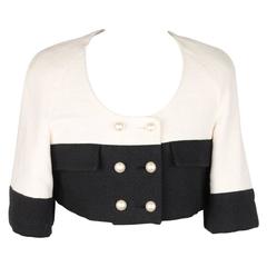 CHANEL Black & White Cotton Blend CROPPED JACKET Size 40