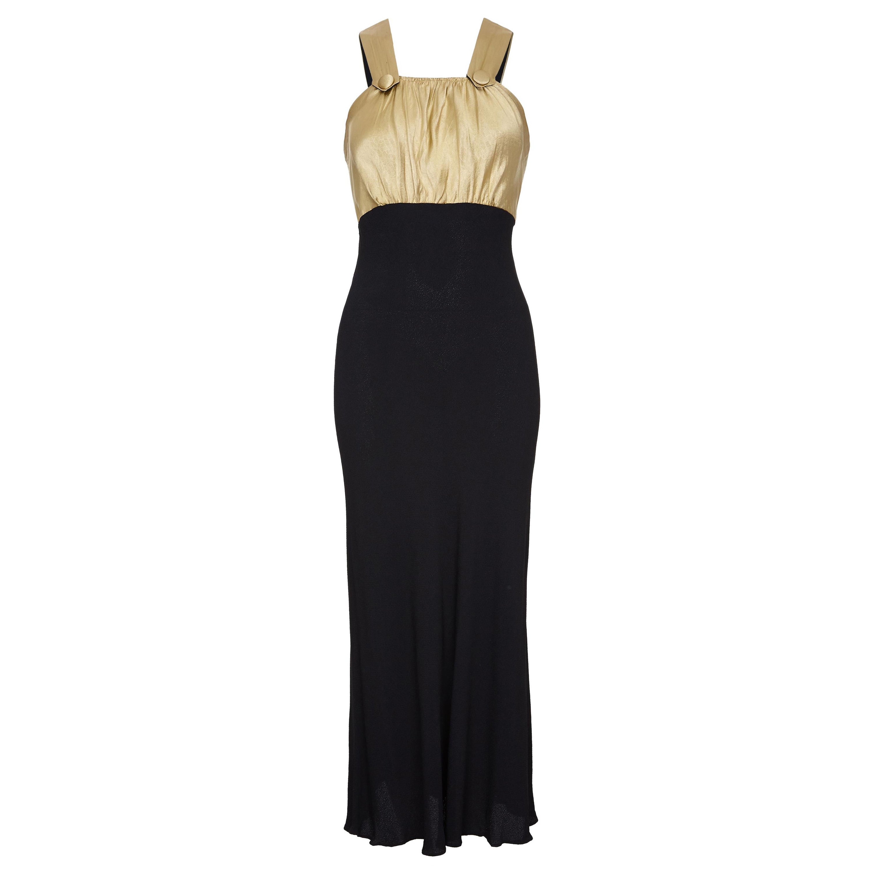 1930s Black Crepe Dress with Embossed Gold Bodice For Sale