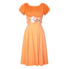 Vestido de algodón naranja Harco de los años 60 con aplique en la cintura