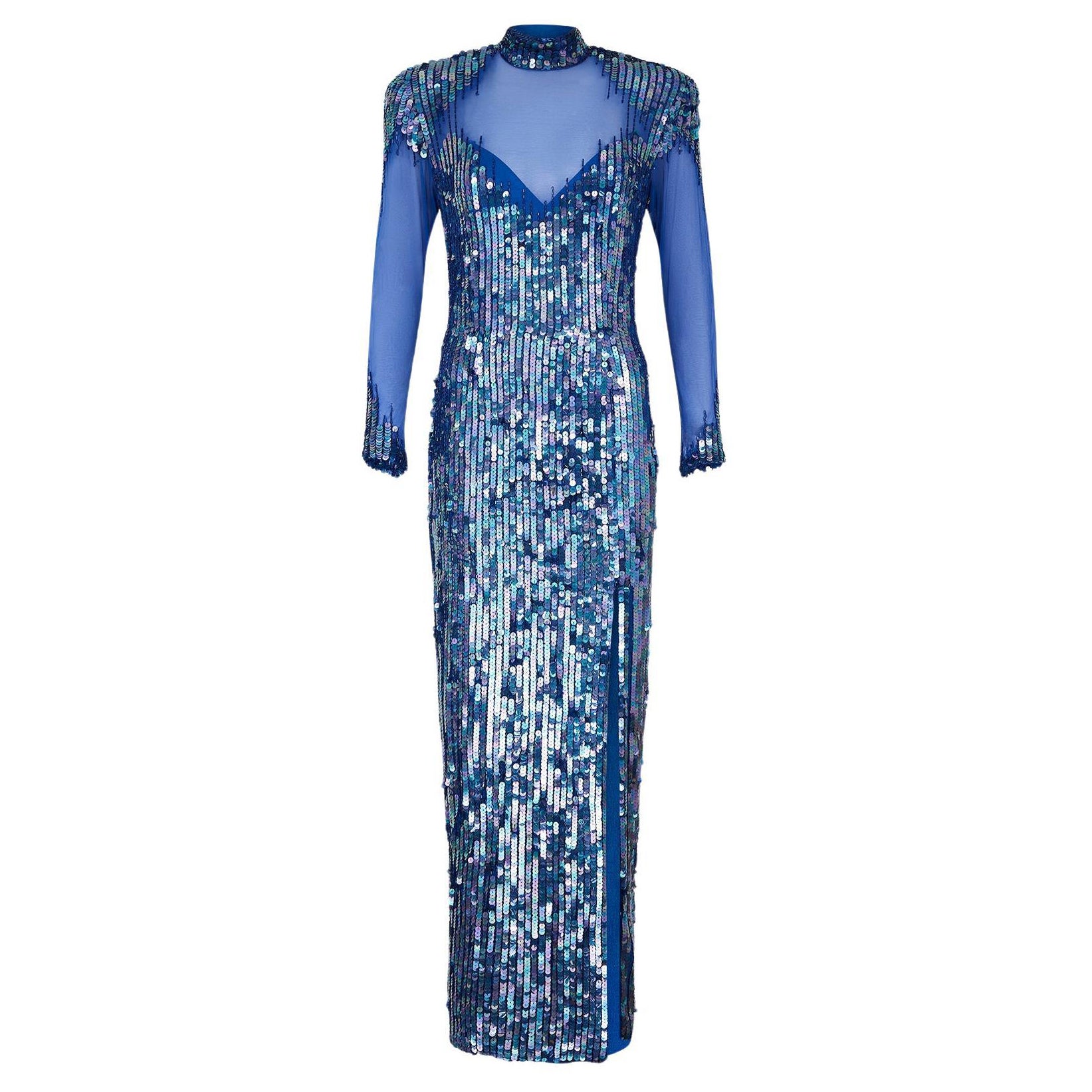 1980s Casadei Blue Sequined Maxi Dress For Sale