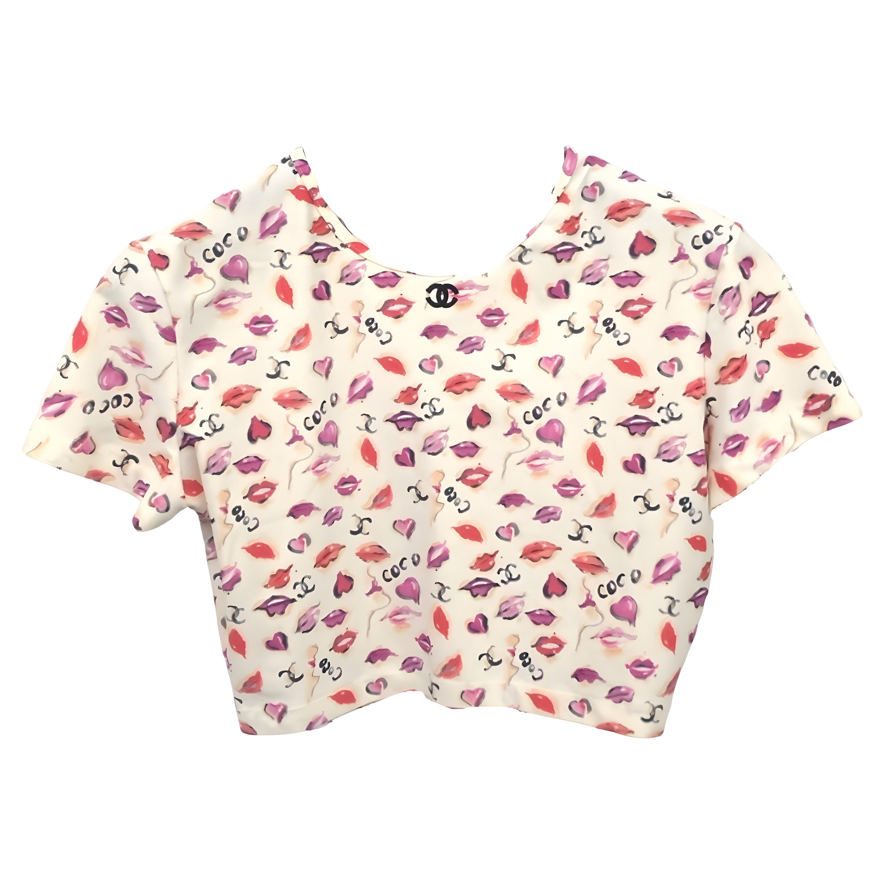 Chanel Ivory lips, hearts and interlocking CC logos throughout print cropped top