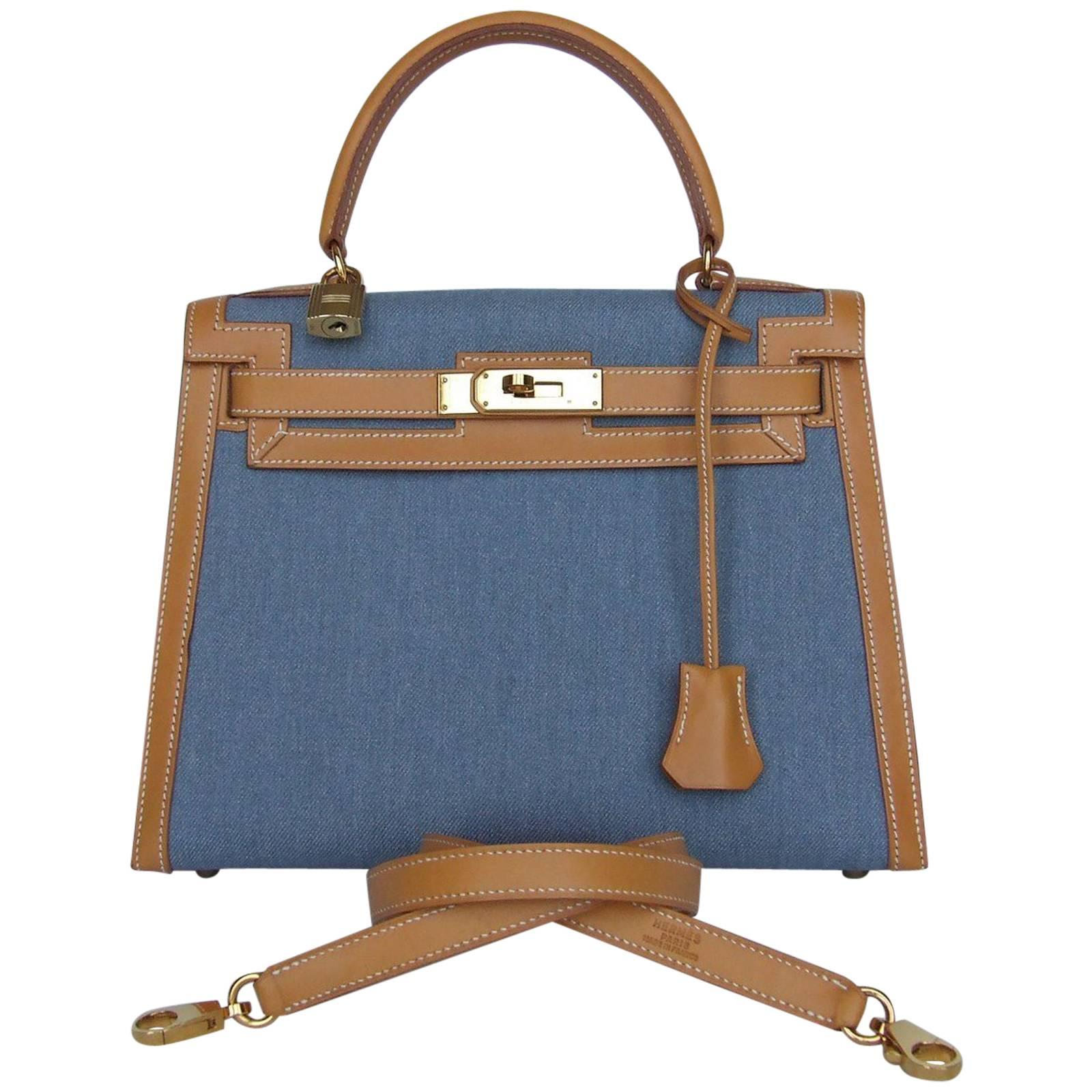 Exceptional Hermes Kelly Sellier Bag Gold Leather Blue Jean Canvas Gold Hdw 