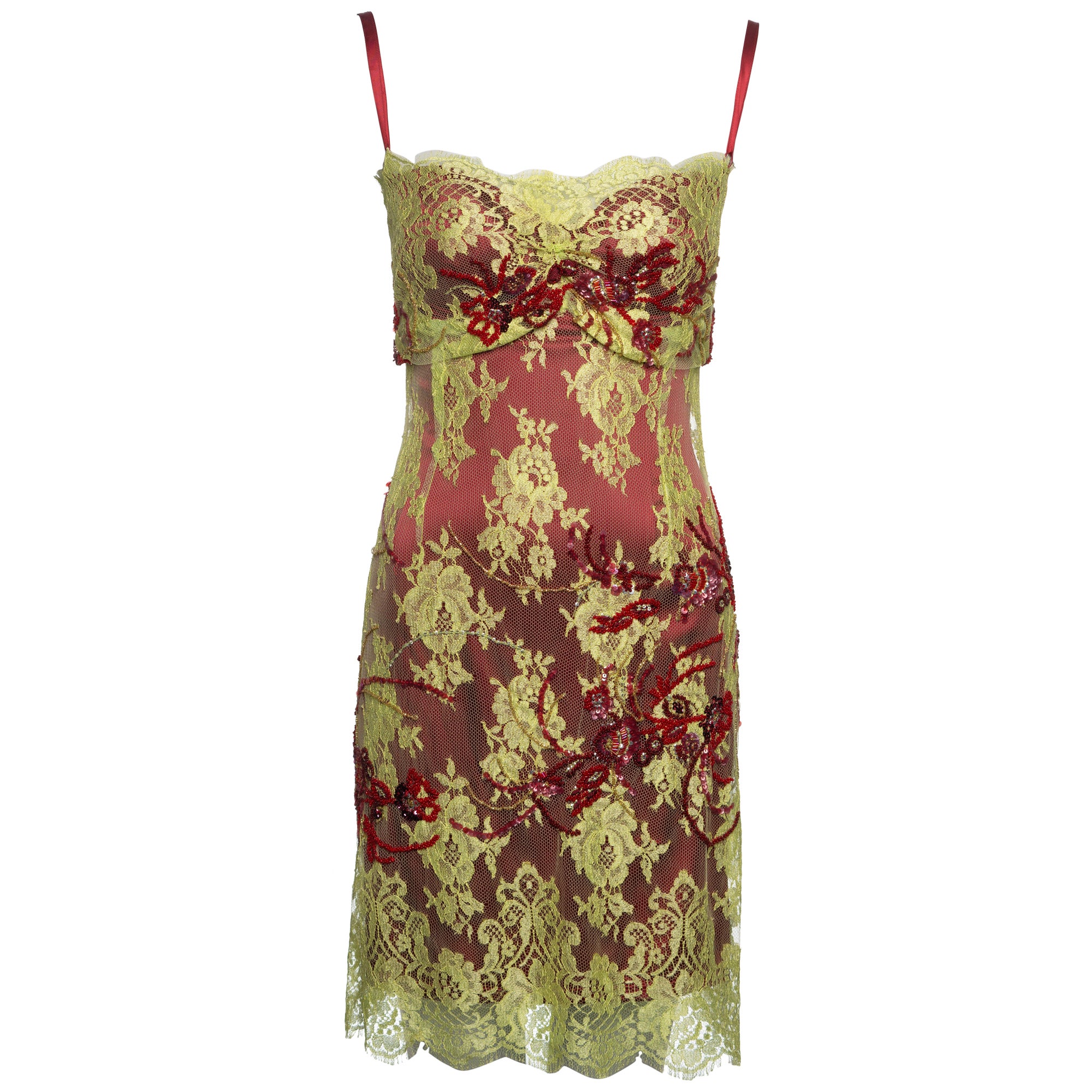 Dolce & Gabbana Chartreuse Lace Mini Dress with Red Bead Embroidery, FW 1999