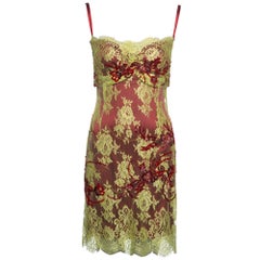 Dolce & Gabbana Chartreuse Lace Mini Dress with Red Bead Embroidery, FW 1999