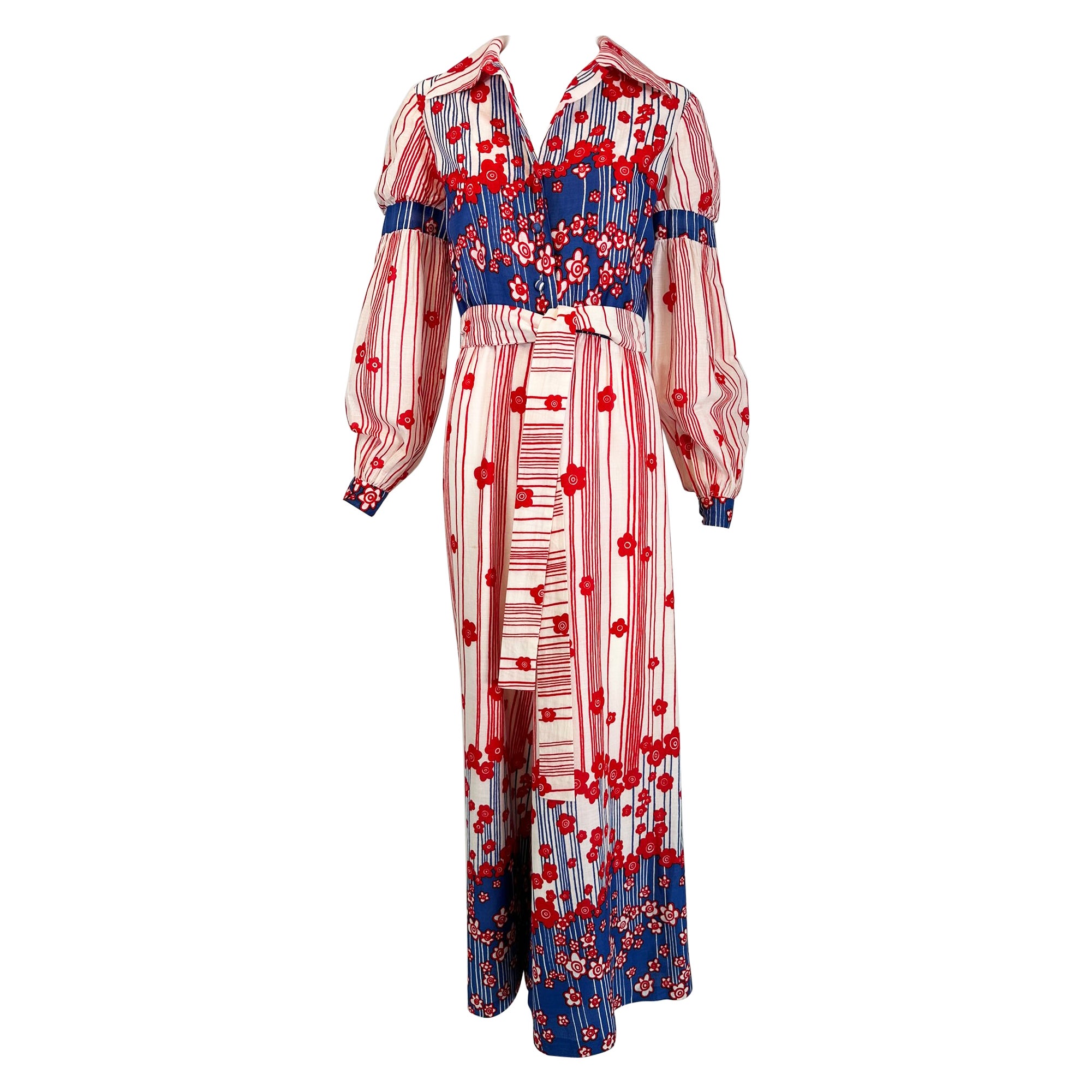 Malcolm Starr by Rizkallah Red White & Blue Floral Cotton Wide Leg Jumpsuit 1960 For Sale