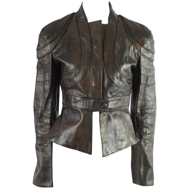 Valentino Chocolate Brown Tapered Leather Jacket - 8 For Sale at ...