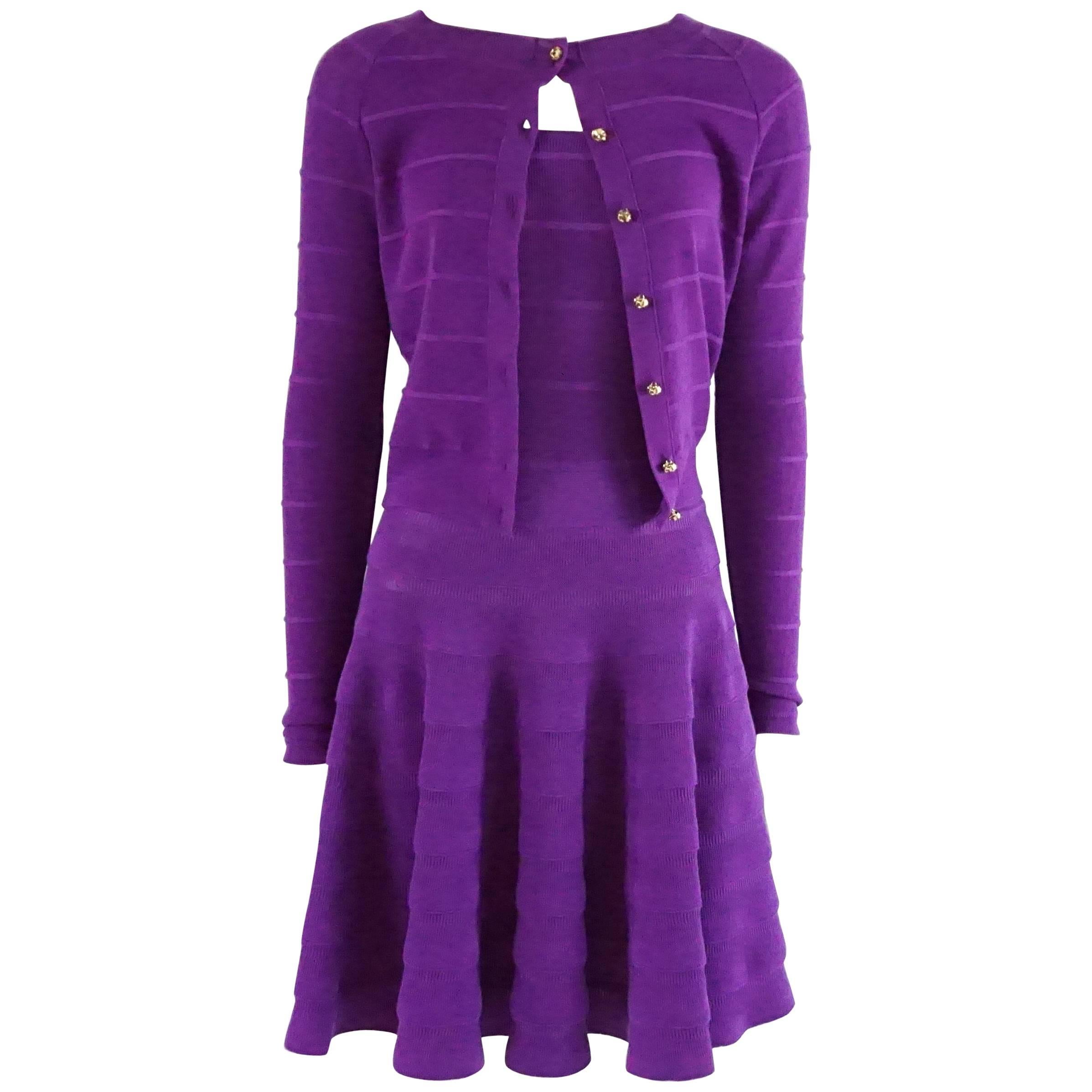 Christian Dior Purple Ribbed Wool Dress and Cardigan Set 8 at 1stDibs