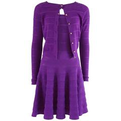 Christian Dior Purple Ribbed Wool Dress and Cardigan Set - 8