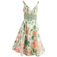 Monique Lhuillier Tan and Multi Floral Print Dress with Beading - 6