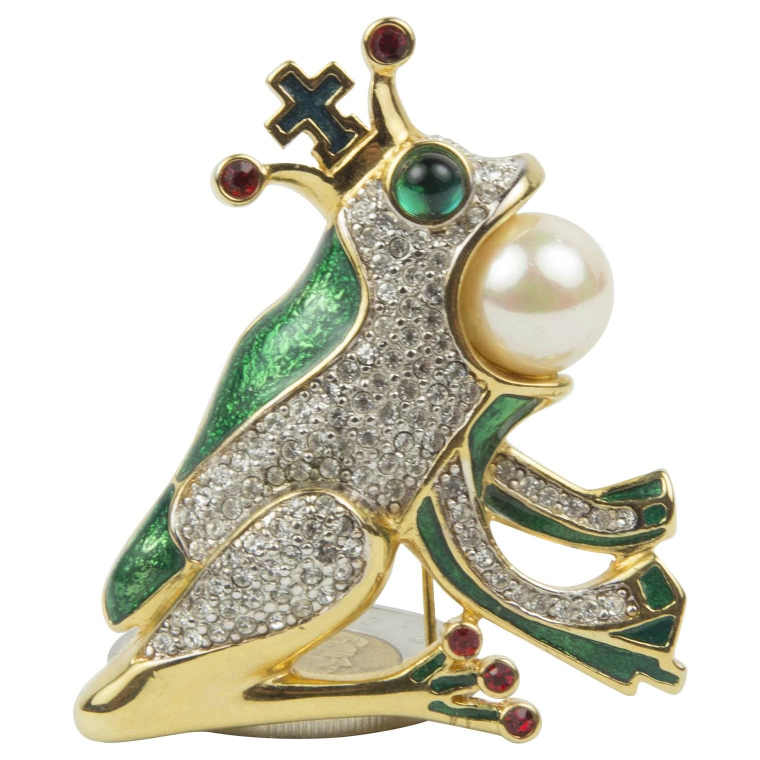 Butler Wilson Frog and Crown Enamel Brooch Pin England