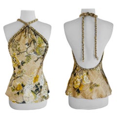 Vintage F/W 2006 Robert Cavalli Tan Silk Halter Blouse Top Floral Gold Chain