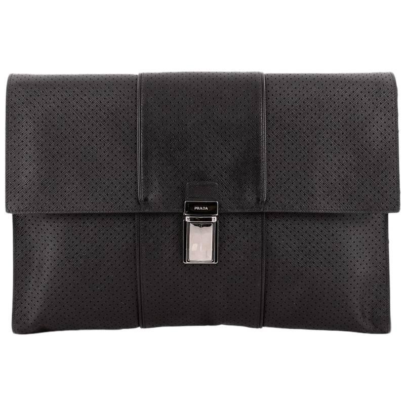 Prada Push Lock Portfolio Handbag Perforated Saffiano Leather Large